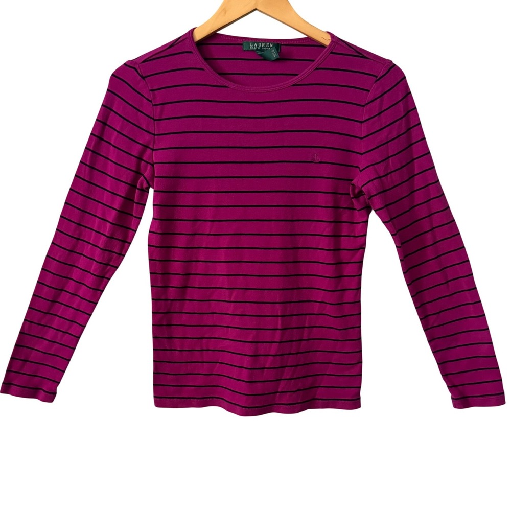 Lauren Ralph Lauren Sz MD Magenta Black Striped Long Sleeve Cotton Top Logo